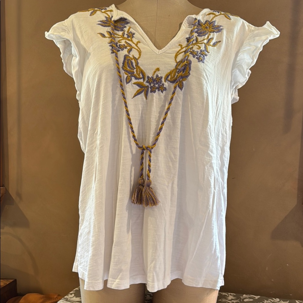 White Flutter Sleeve Blouse with Embroidered Embellishments